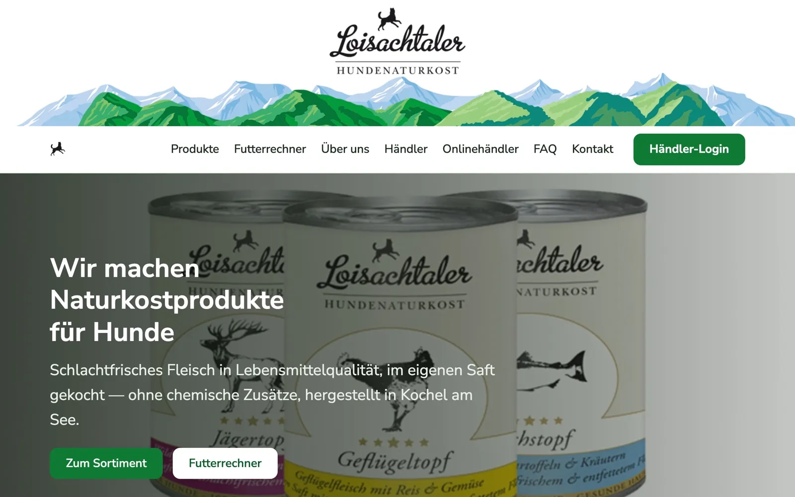 Screenshot der Website Loisachtaler Hundenaturkost
