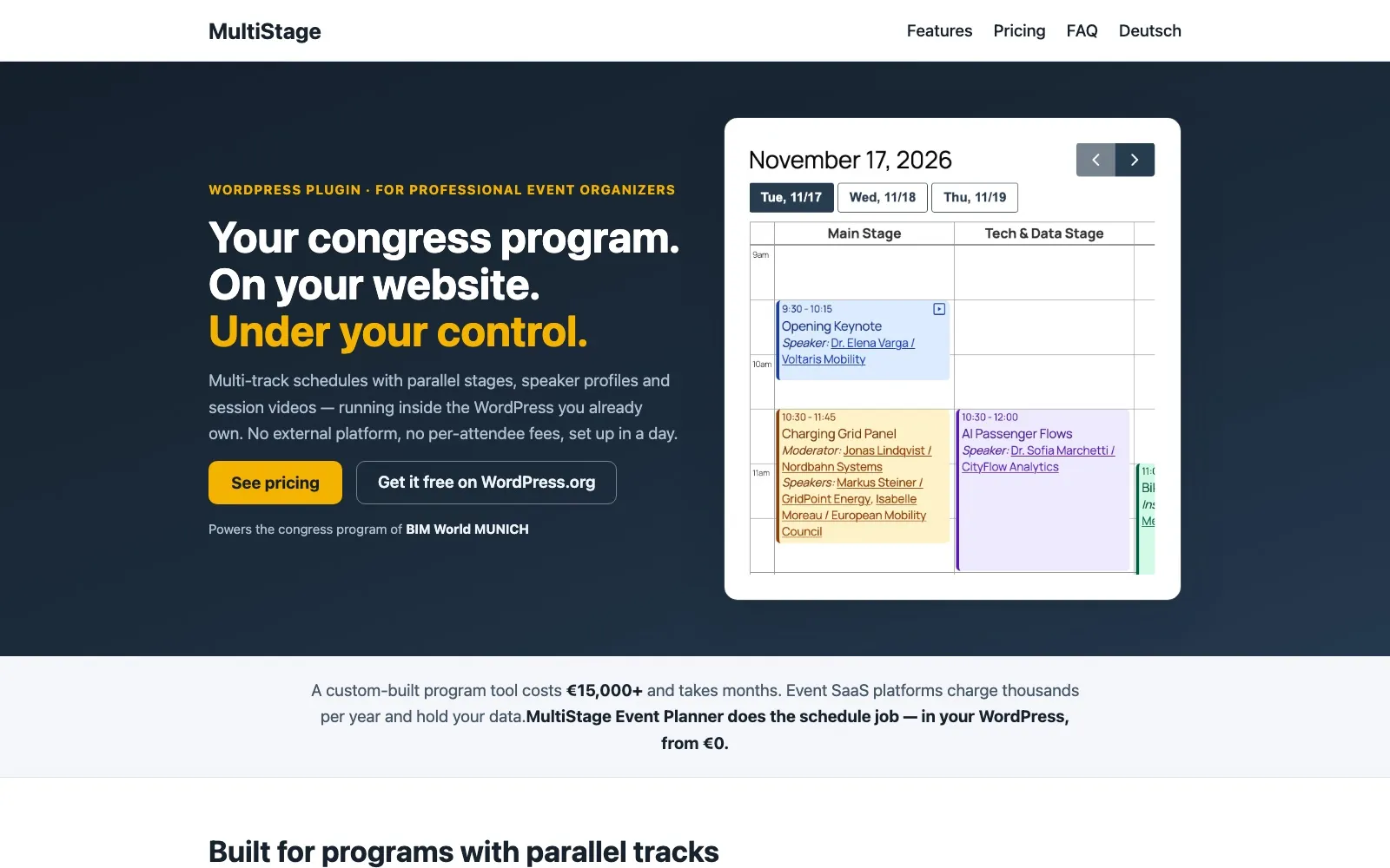 Screenshot der Website MultiStage Event Planner