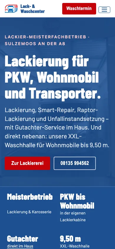 New home page on a phone: the red “Waschtermin” (book a wash) button at the top, below it the heading, the services and the key facts of the business.