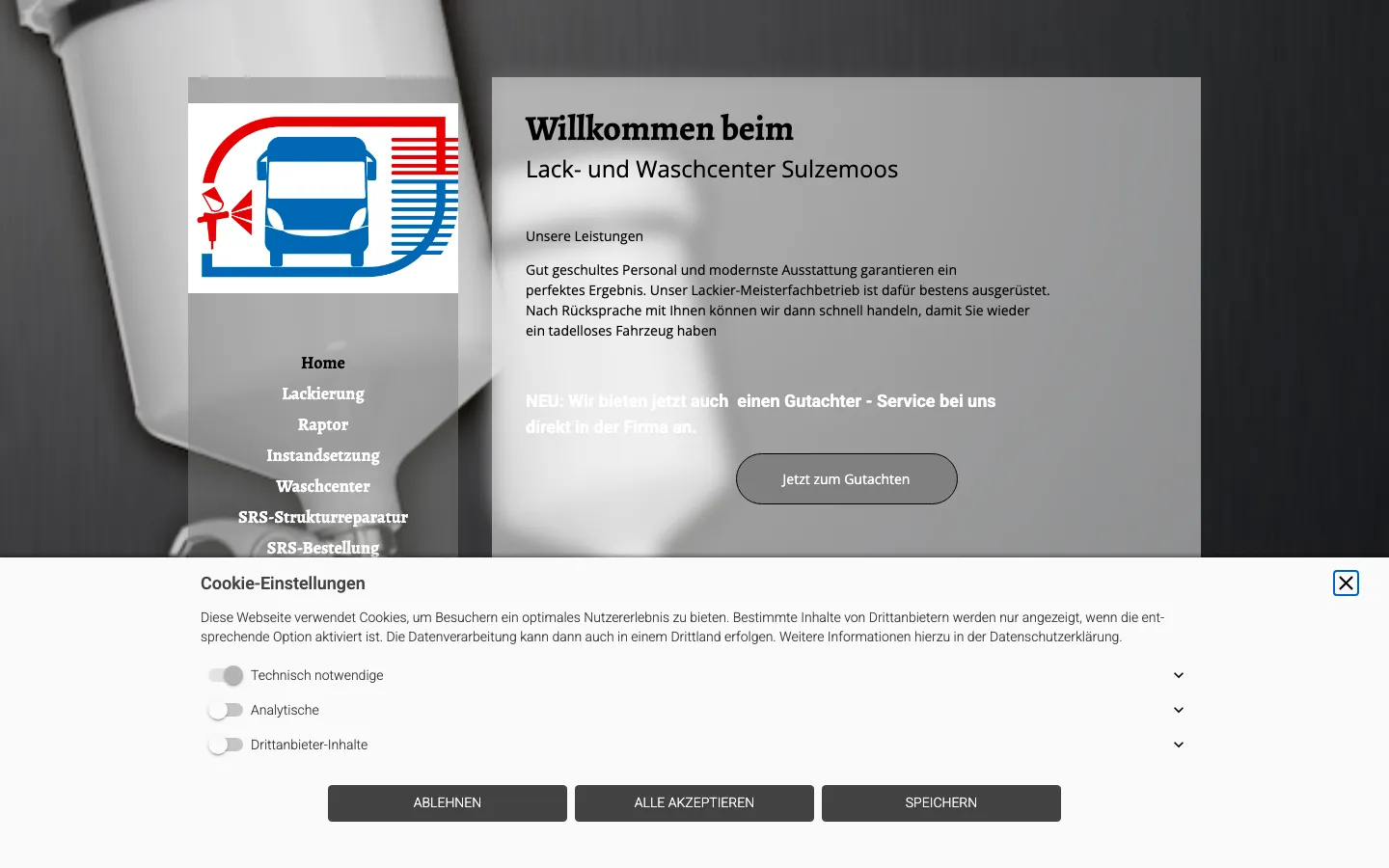 Old home page on a computer: a cookie banner with three switches covers the lower half; above it a logo, menu and a welcome text.